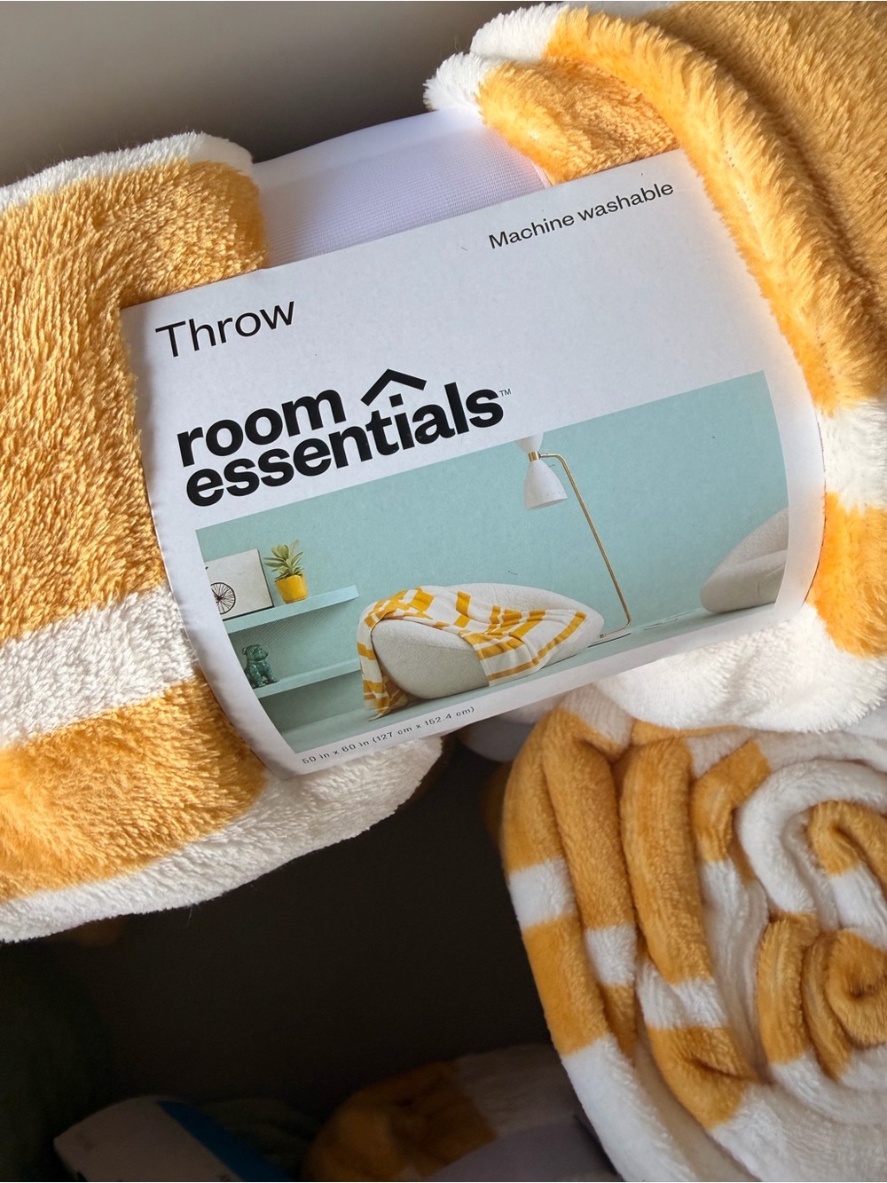 Room Essentials Yellow and White Striped Plush Throw Blanket